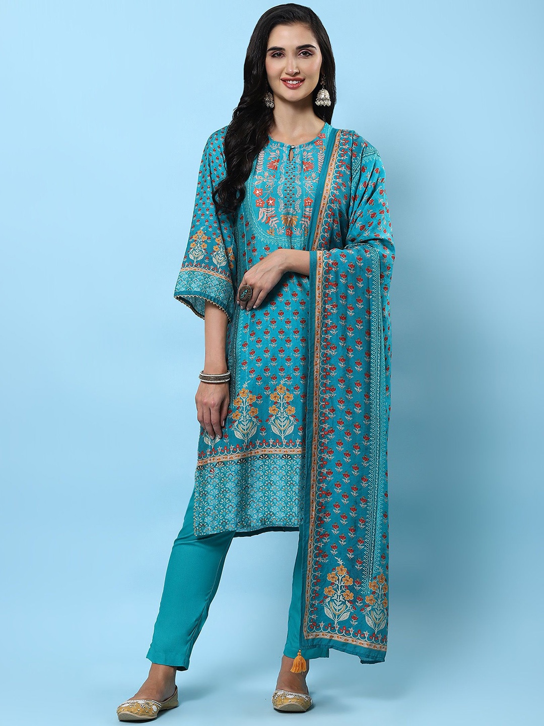 

Shree Floral Printed Sequinned Keyhole Neck Straight Kurta with Trousers & Dupatta, Teal