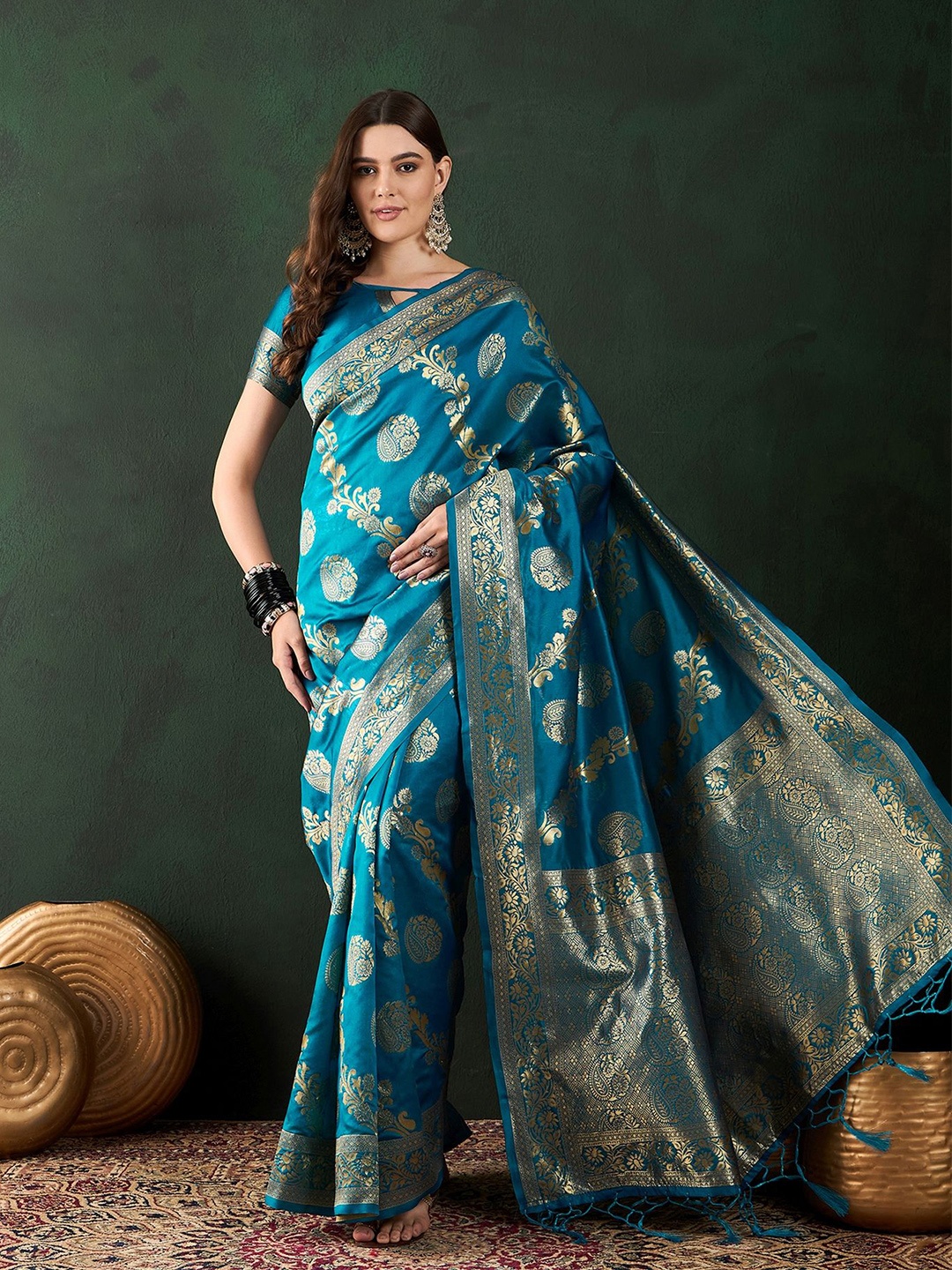 

Sangria Ethnic Motifs Woven Design Banarasi Saree With Unstitched Blouse, Blue