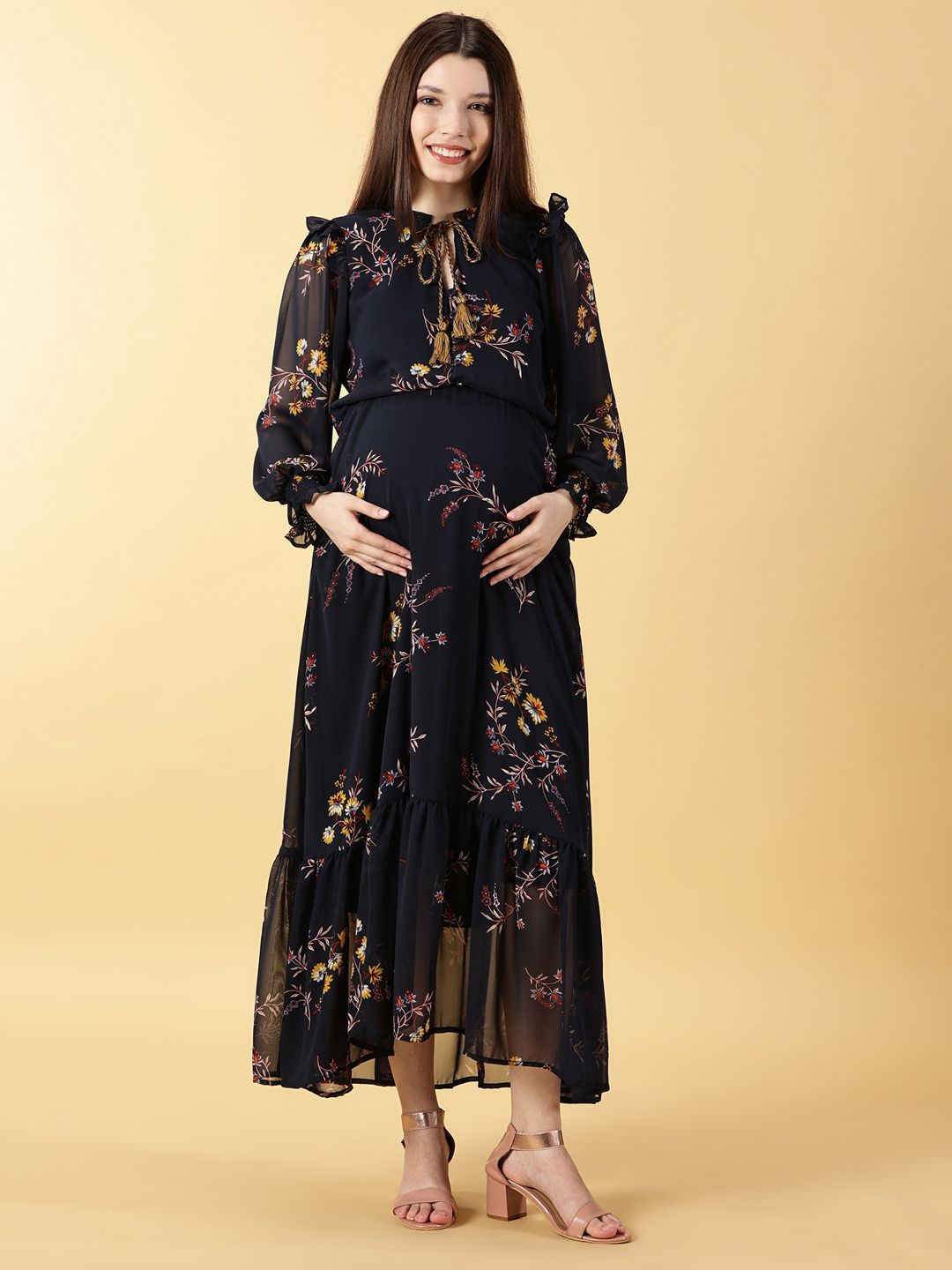 

PURPLE FLAUNT Floral Printed Tie-Up Neck Georgette Maternity Maxi Dress, Navy blue