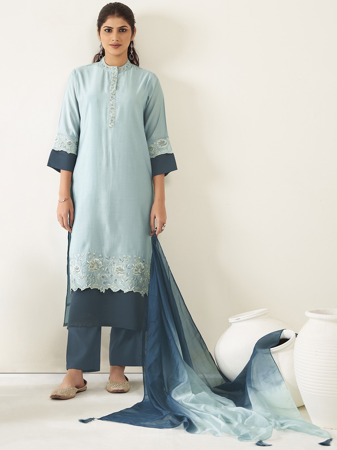 

Anouk Embroidered Regular Thread Work Chanderi Silk Straight Kurta with Trousers & Dupatta, Blue