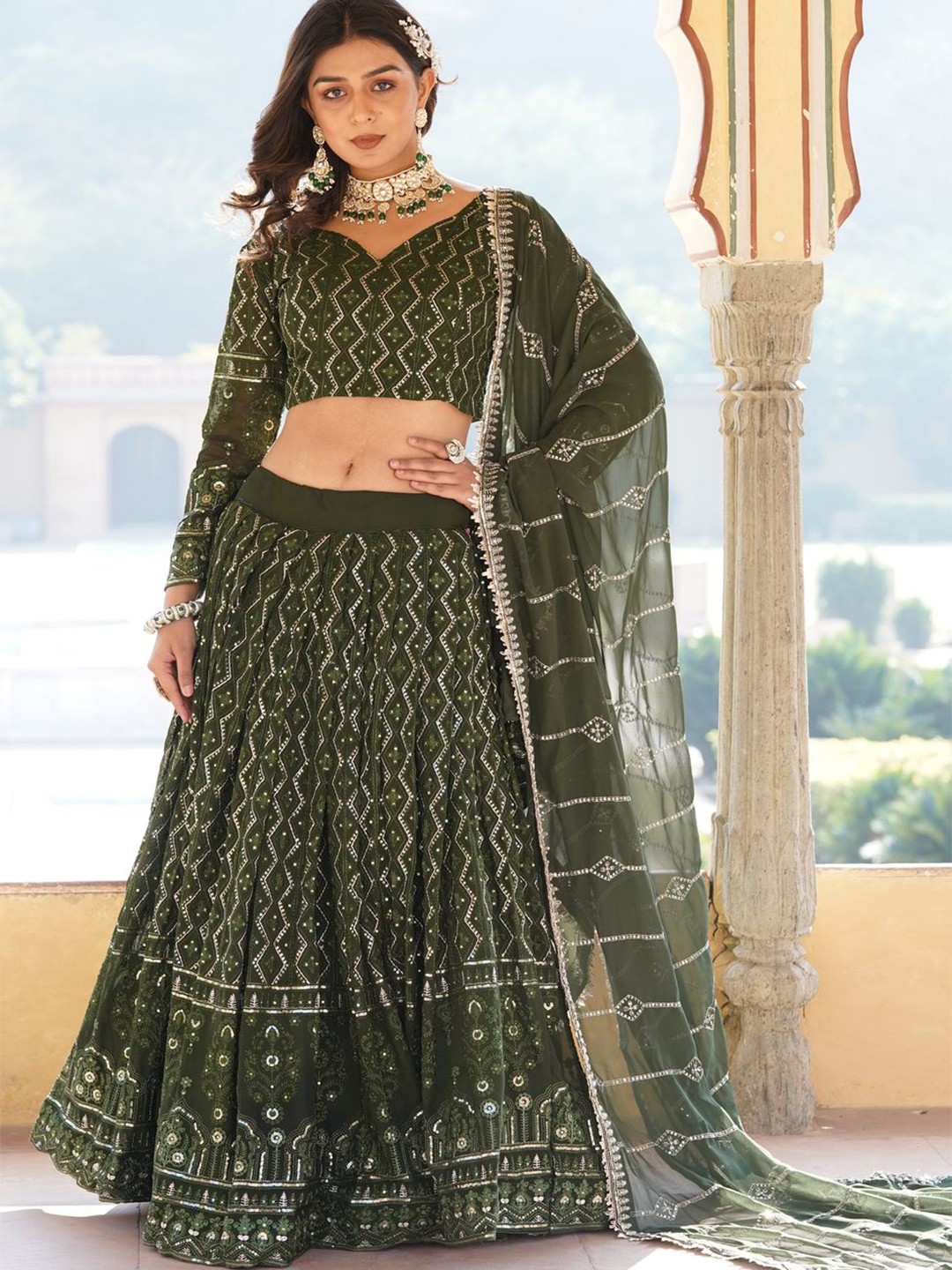 

KALINI Embroidered Silk Georgette Ready to Wear Lehenga & Unstitched Blouse With Dupatta, Green
