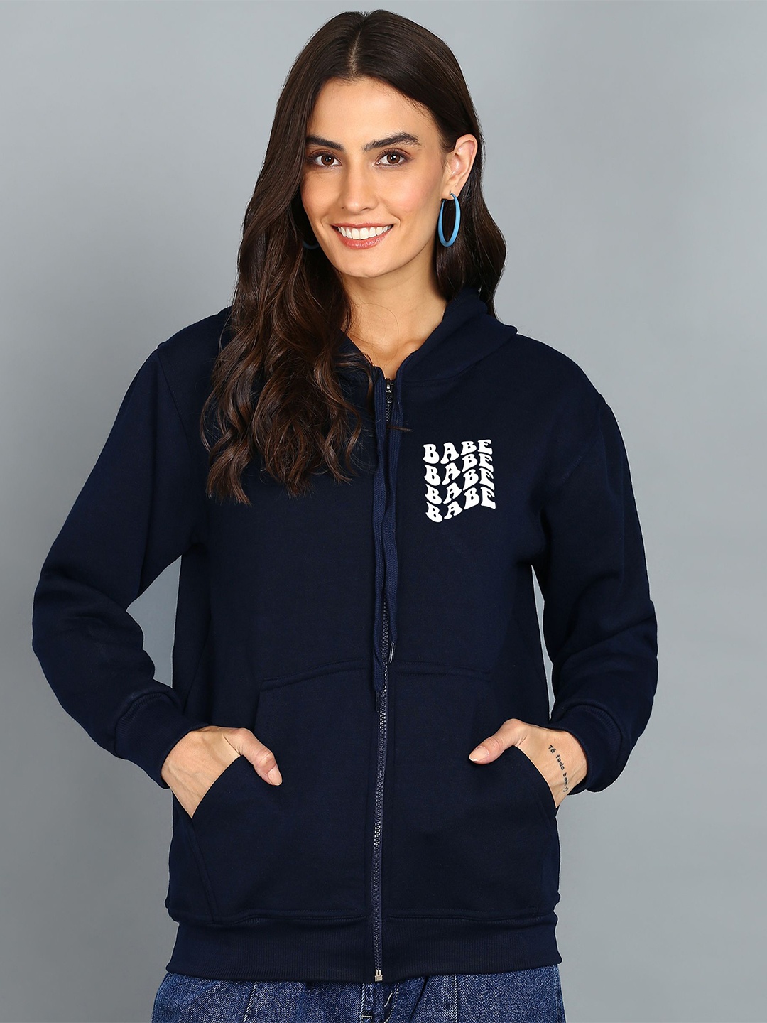 

FALTU.CO Women Printed Zip Detail Hooded Cotton Sweatshirt, Navy blue