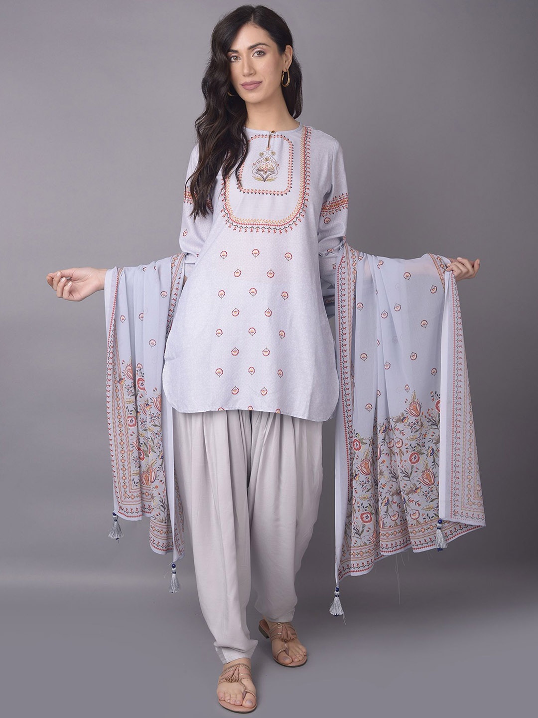 

Shree Floral Printed Liva Straight Kurta with Salwar & With Dupatta, Grey