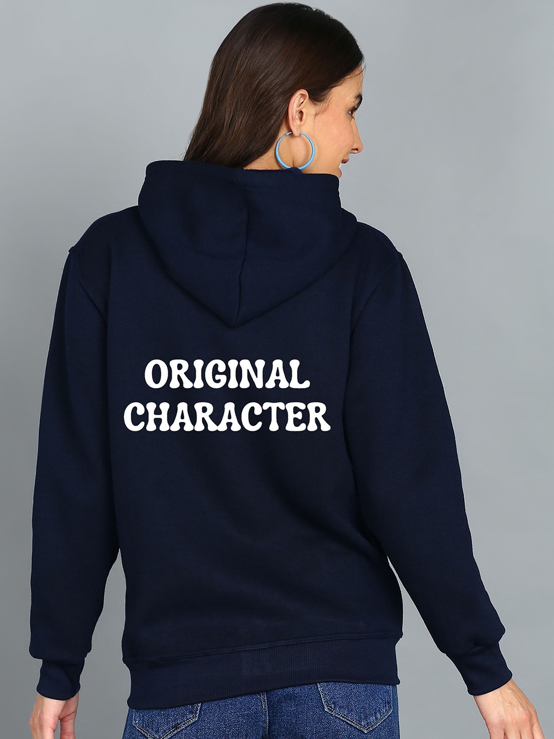 

FALTU.CO Women Typography Printed Hooded Ribbed Cotton Sweatshirt, Navy blue