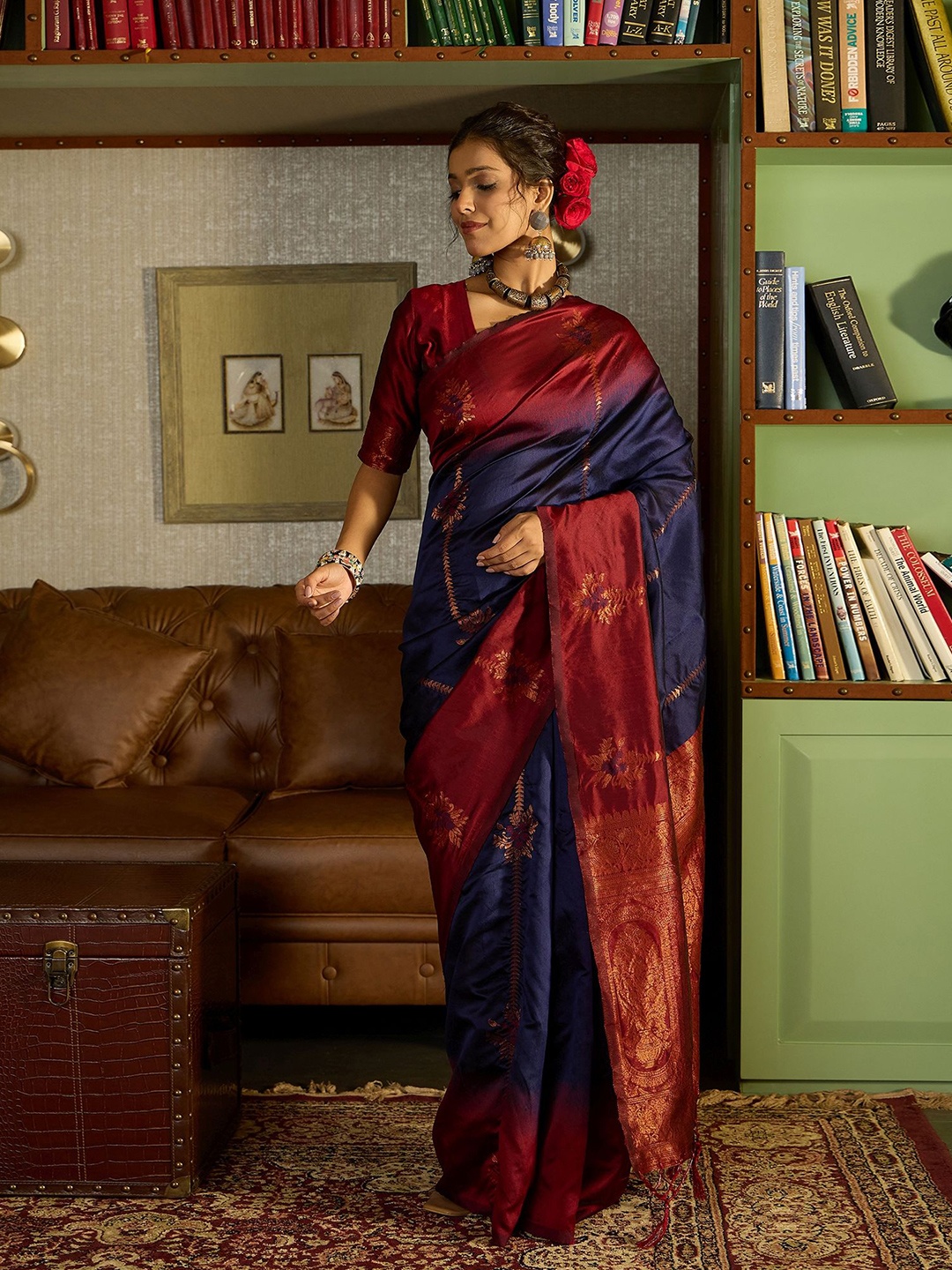 

Sangria Ethnic Motifs Woven Design Banarasi Saree With Unstitched Blouse, Blue