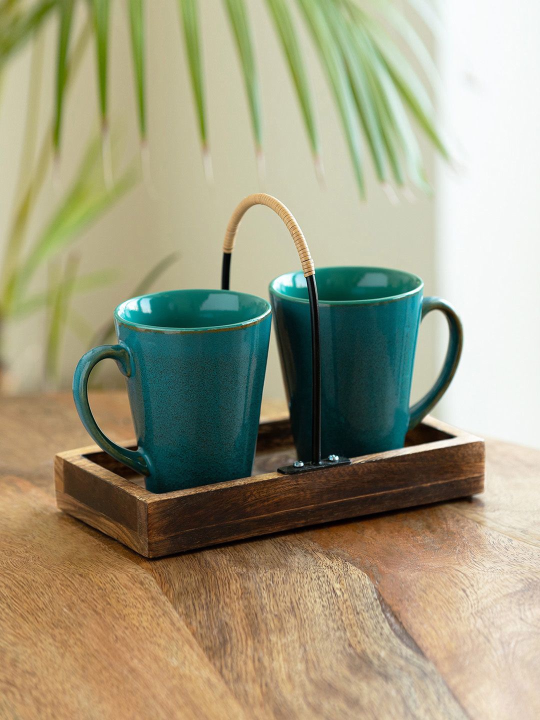 

ExclusiveLane Teal & Brown 2 Pieces Ceramic Matte Mugs With Wooden Tray 320 ml