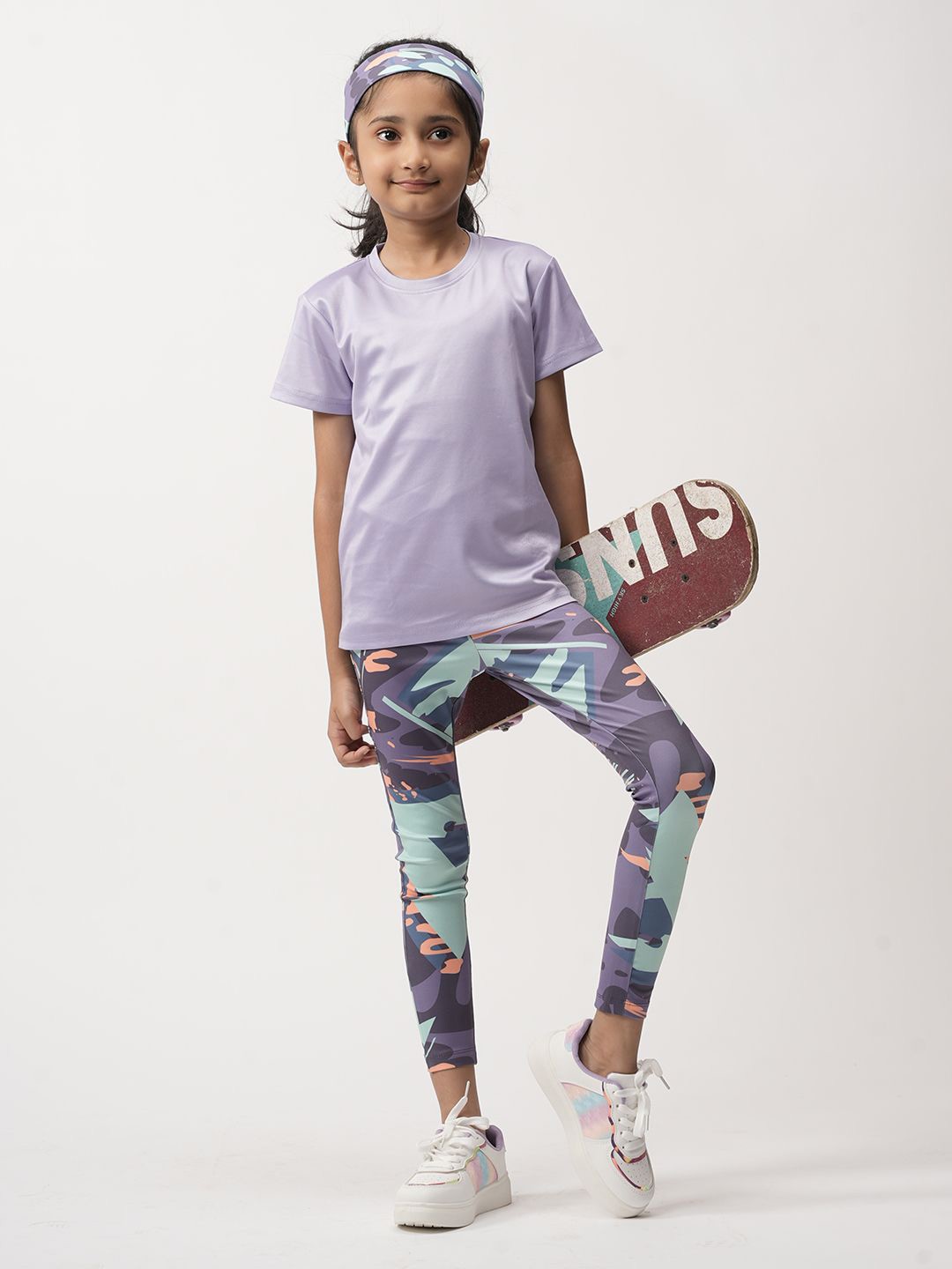 

UMILDO Girls Geometric Printed Round Neck T-shirt with Leggings, Lavender