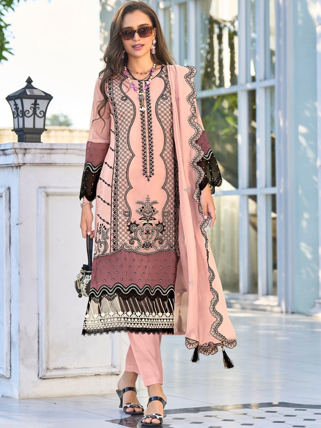 

AUTUMN LANE Floral Embroidered Round Neck Organza Straight Kurta with Trousers & Dupatta, Pink