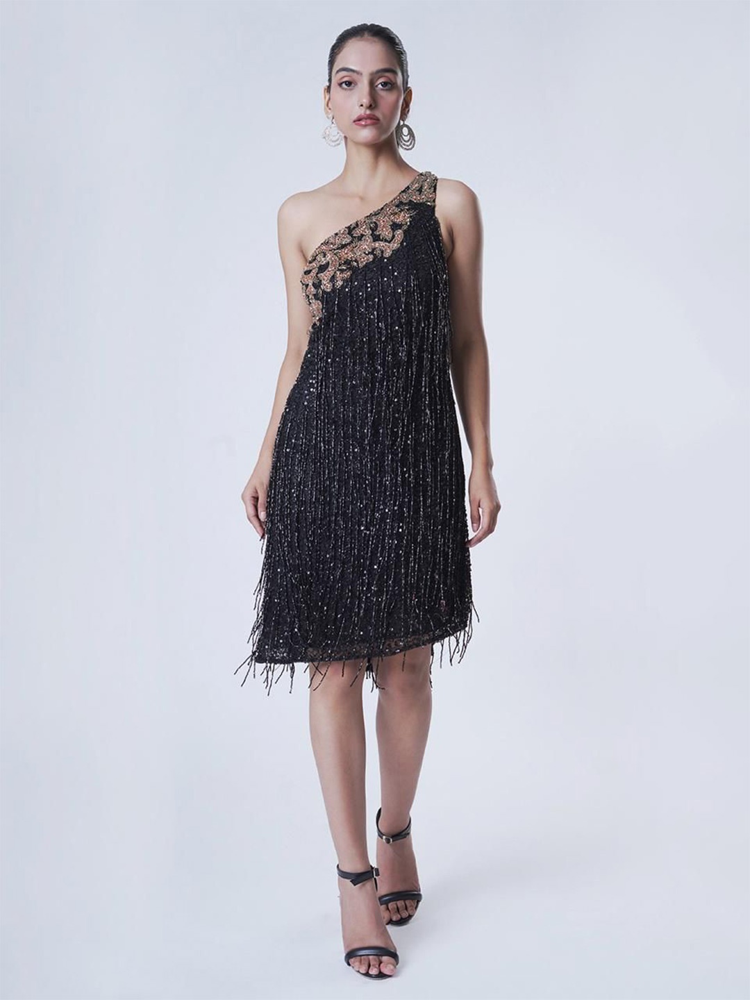 

UPGRADE Embellished One Shoulder Net Bodycon Dress, Black