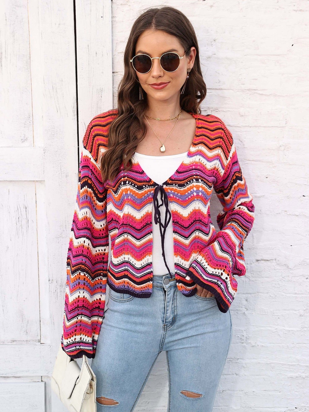 

StyleCast x Revolte Self Design Acrylic Tie-Up Shrug, Fuchsia