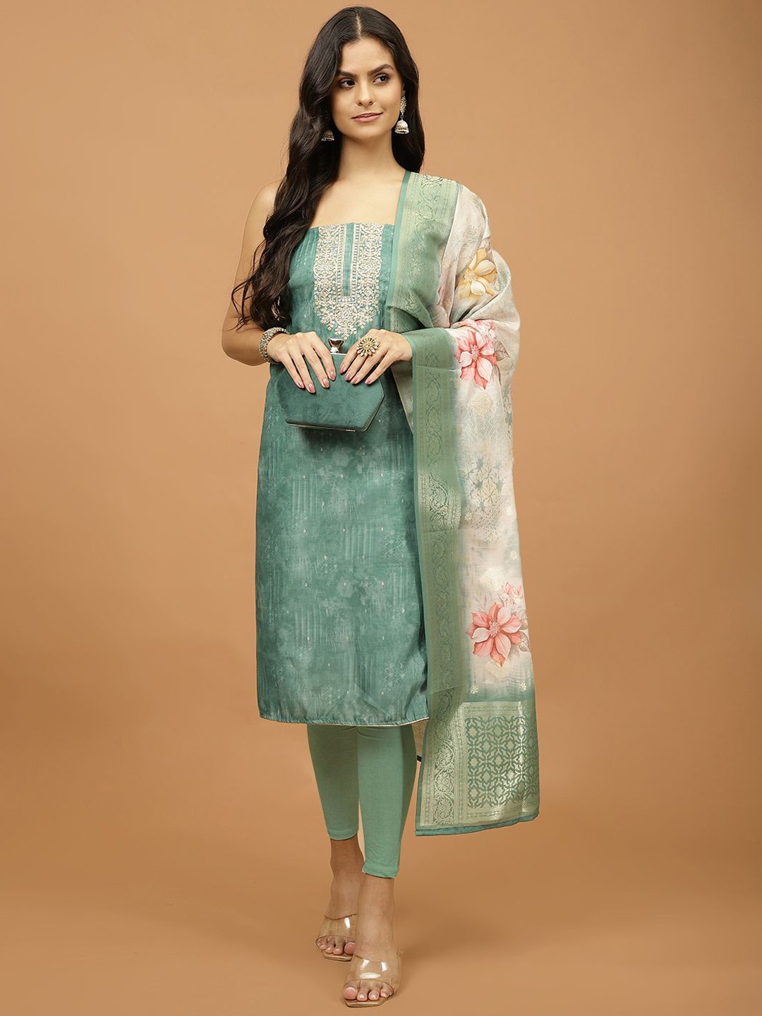 

Meena Bazaar Striped Printed Zari Unstitched Dress Material, Sea green