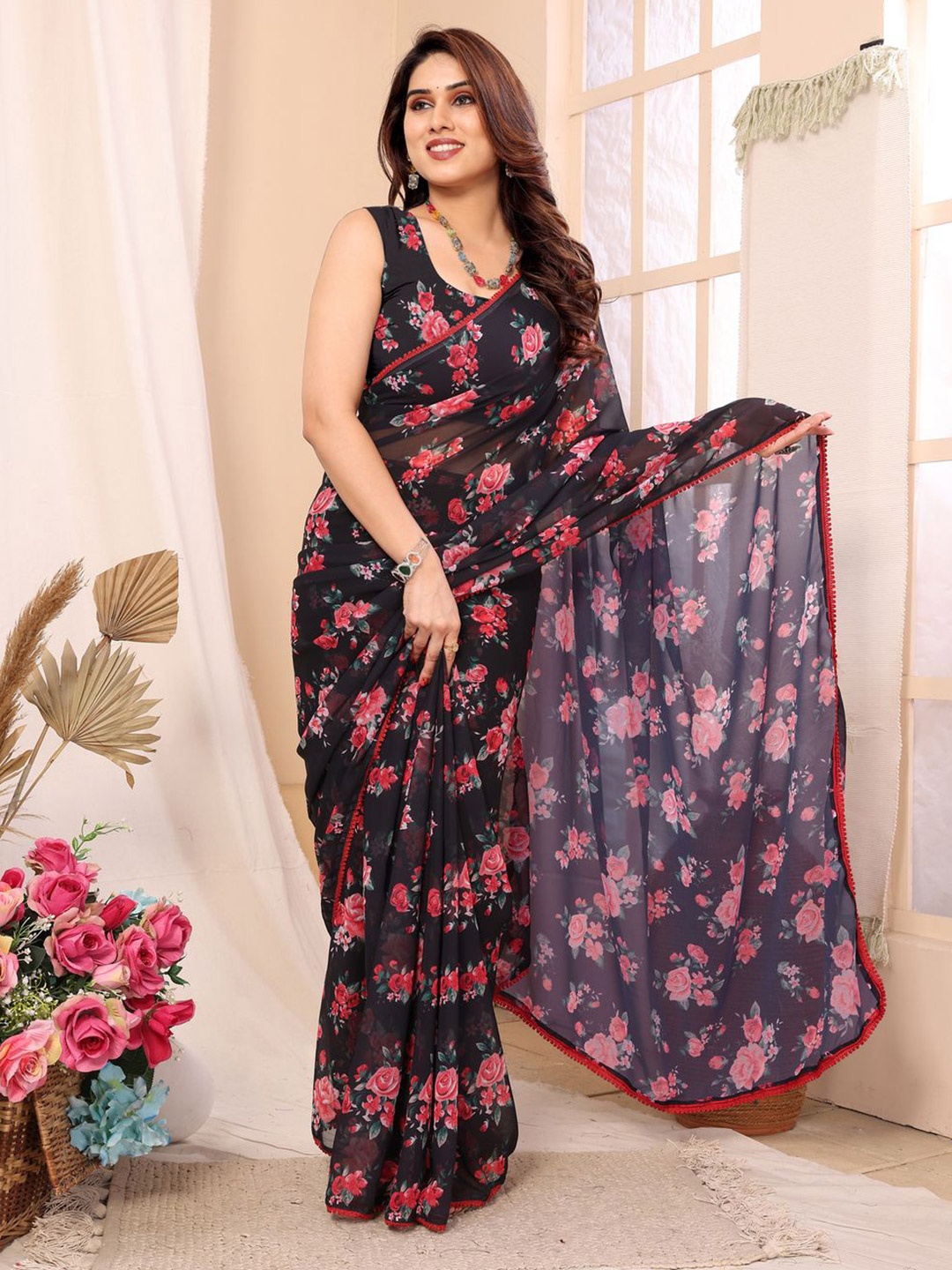 

Sidhidata Floral Pure Georgette Ready to Wear Saree, Black