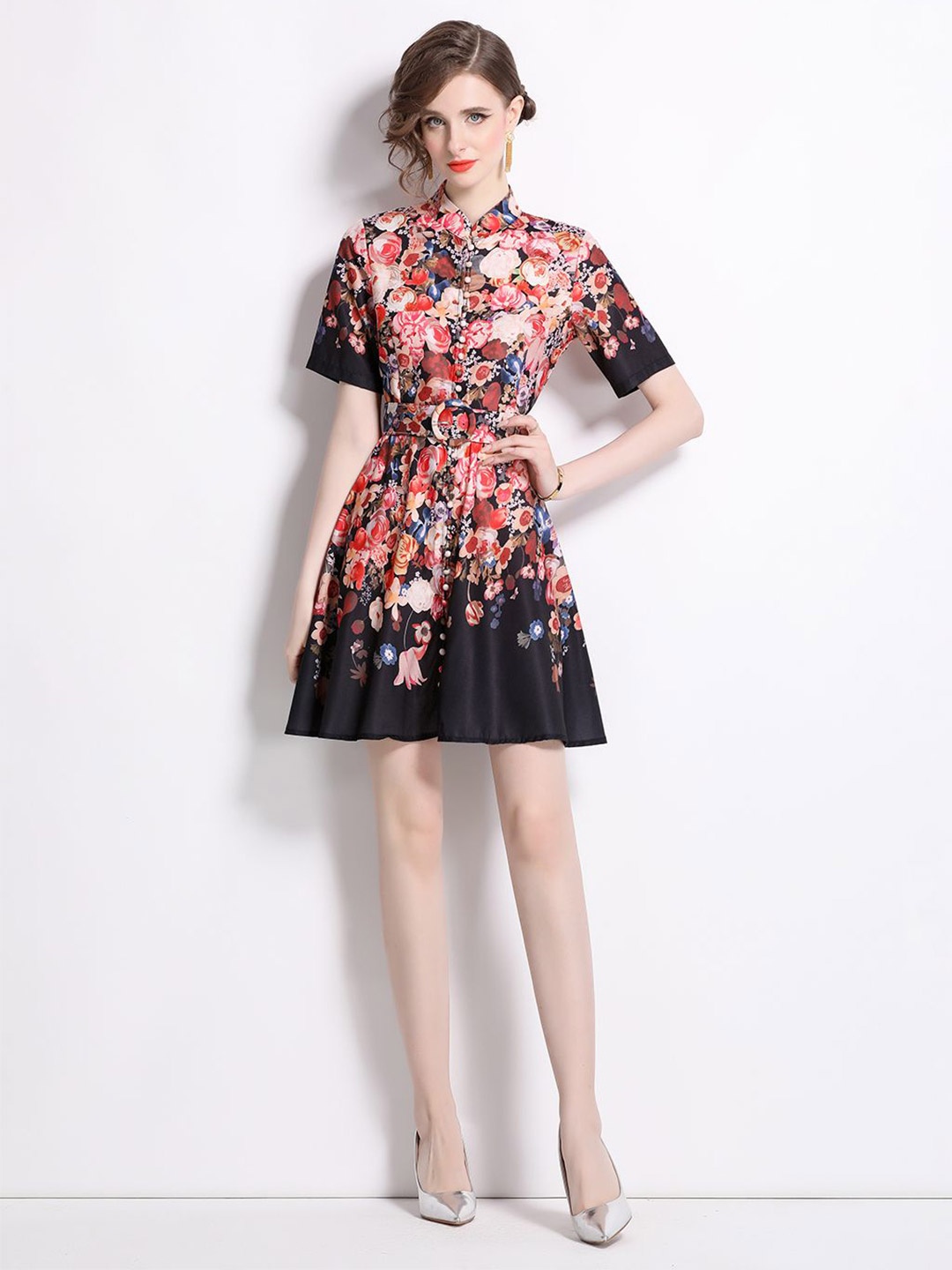 

JC Collection Floral Print Fit & Flare Dress, Black