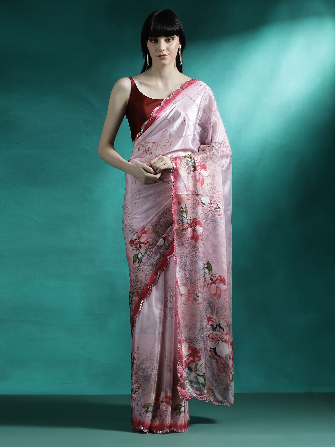 

Sangria Floral Printed & Embroidered Gotta Patti Saree, Pink