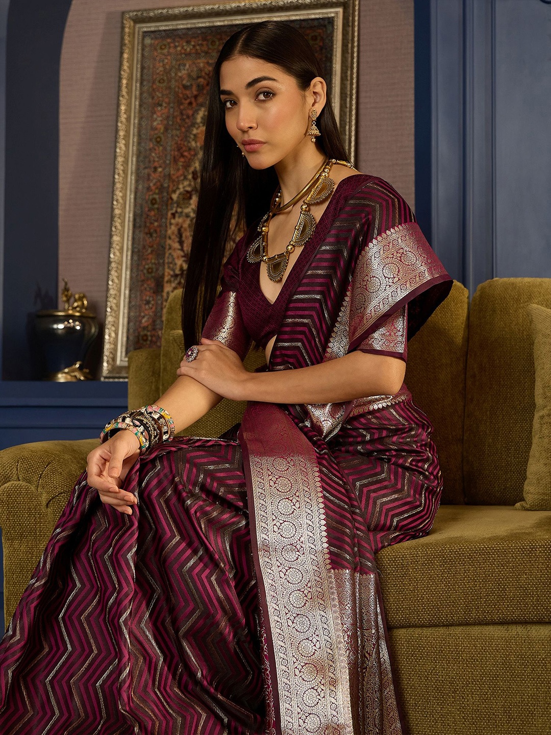 

Sangria Ethnic Motifs Woven Design Zari Banarasi Saree With Unstitched Blouse, Purple
