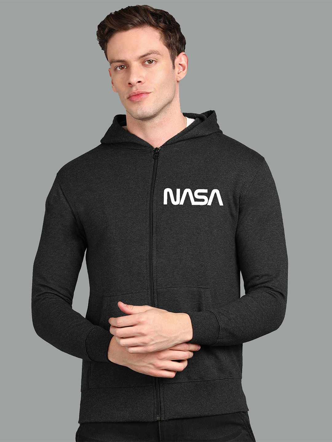 

FALTU.CO Men Typography Printed Hooded Ribbed Cotton Sweatshirt, Charcoal