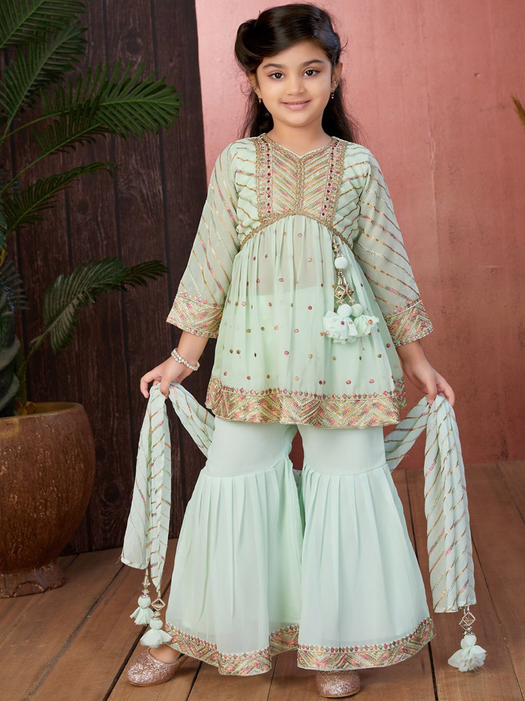 

BAESD Girls Floral Embroidered Regular A-Line Kurti with Sharara & Dupatta, Sea green