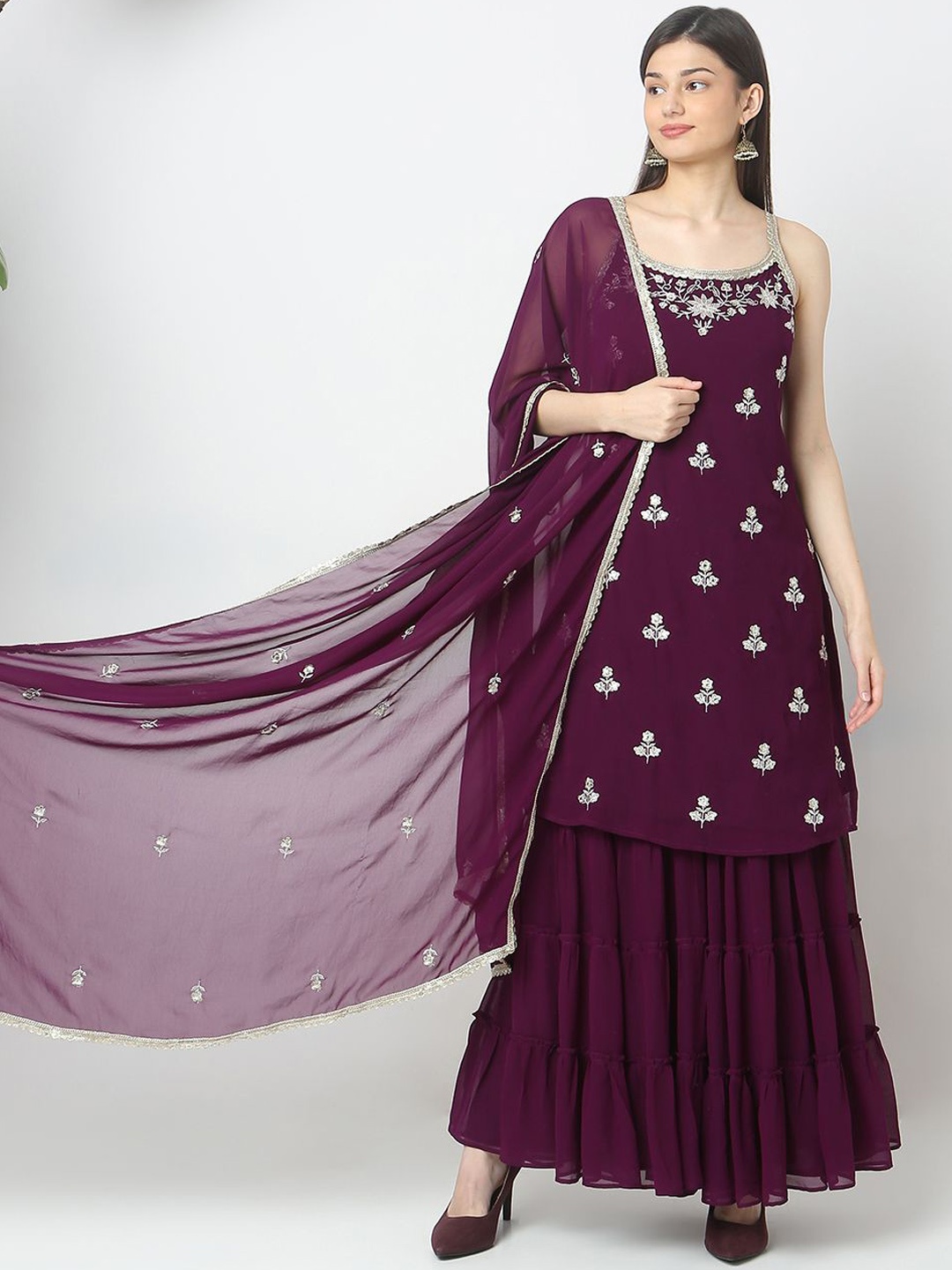 

Ethnicity Floral Embroidered Straight Kurta With Sharara & Dupatta, Purple