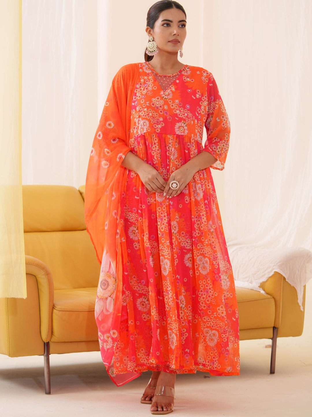 

Sangria Embroidered Kurta With Trousers & Dupatta, Orange