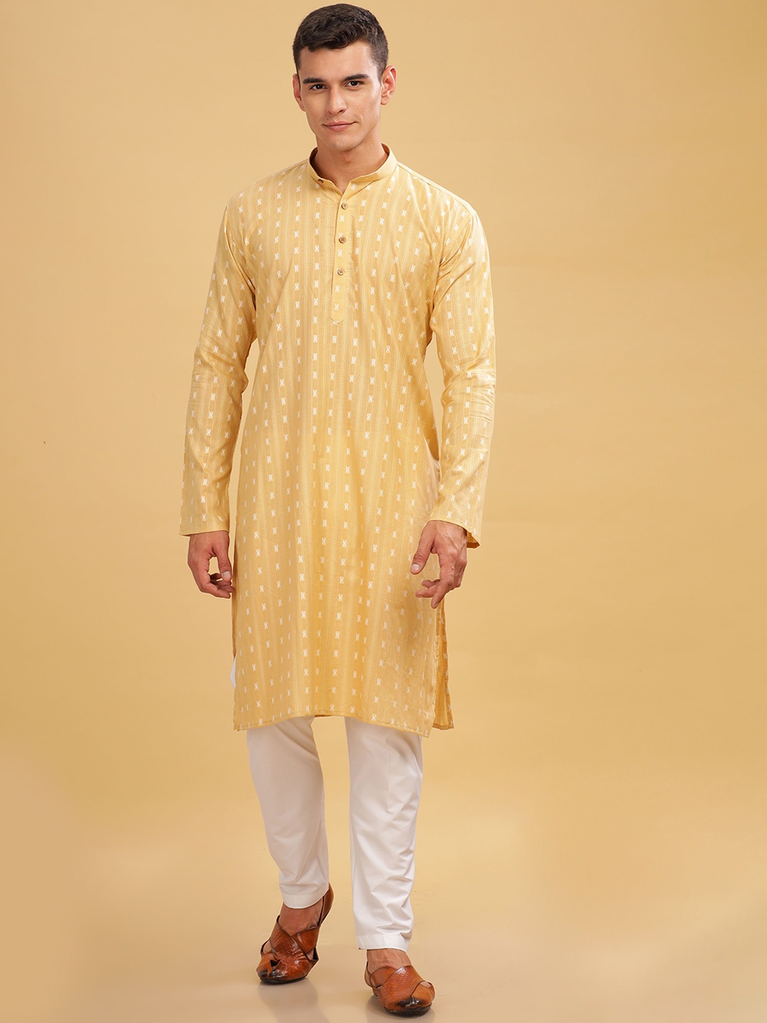 

Anouk Yellow Ethnic Motifs Woven Design Band Collar Cotton Straight Kurta