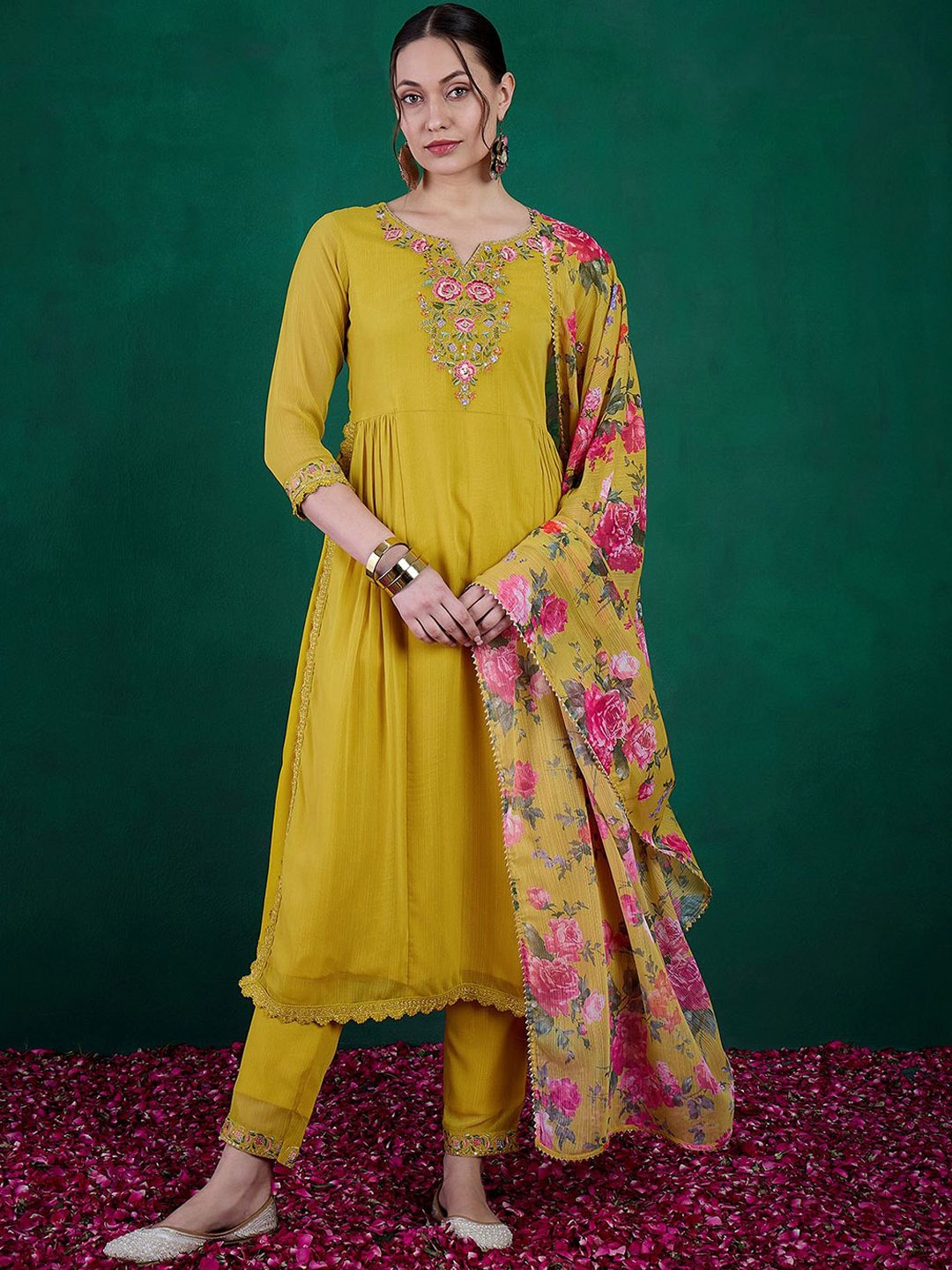 

Sangria Floral Embroidered Pleated Sequinned Kurta with Trousers & Dupatta, Mustard