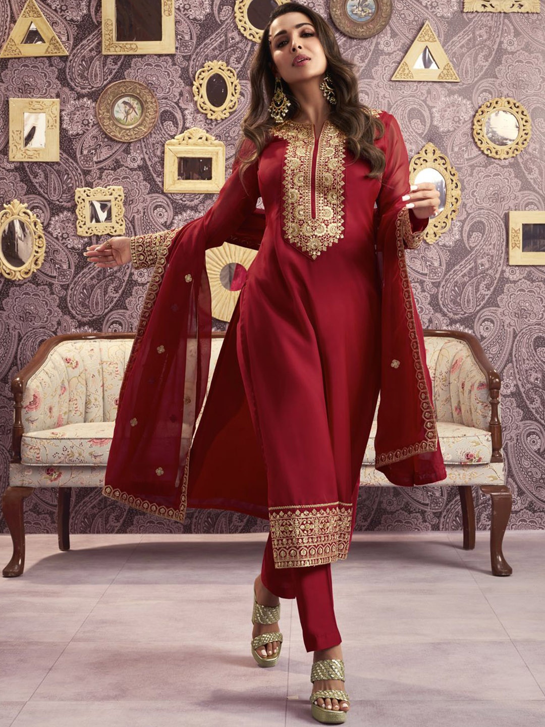 

Inddus Red Floral Yoke Design Notch Neck Sequinned Straight Kurta with Trousers & Dupatta