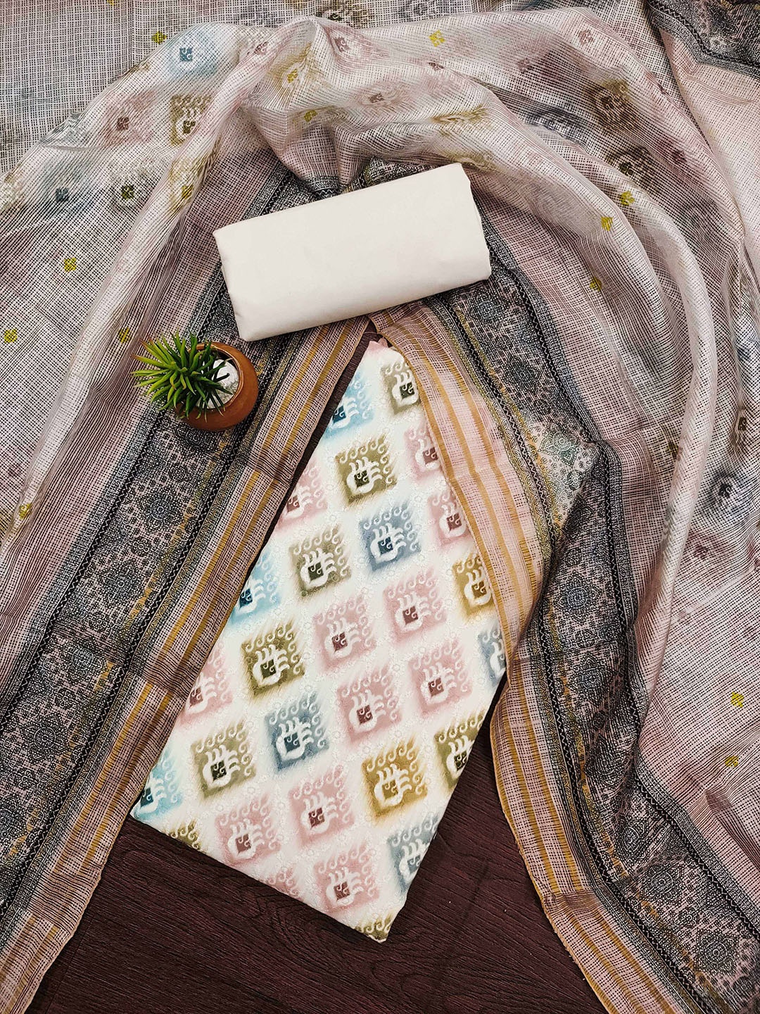 

Ishin White & Pink Ethnic Motifs Woven Design Unstitched Dress Material