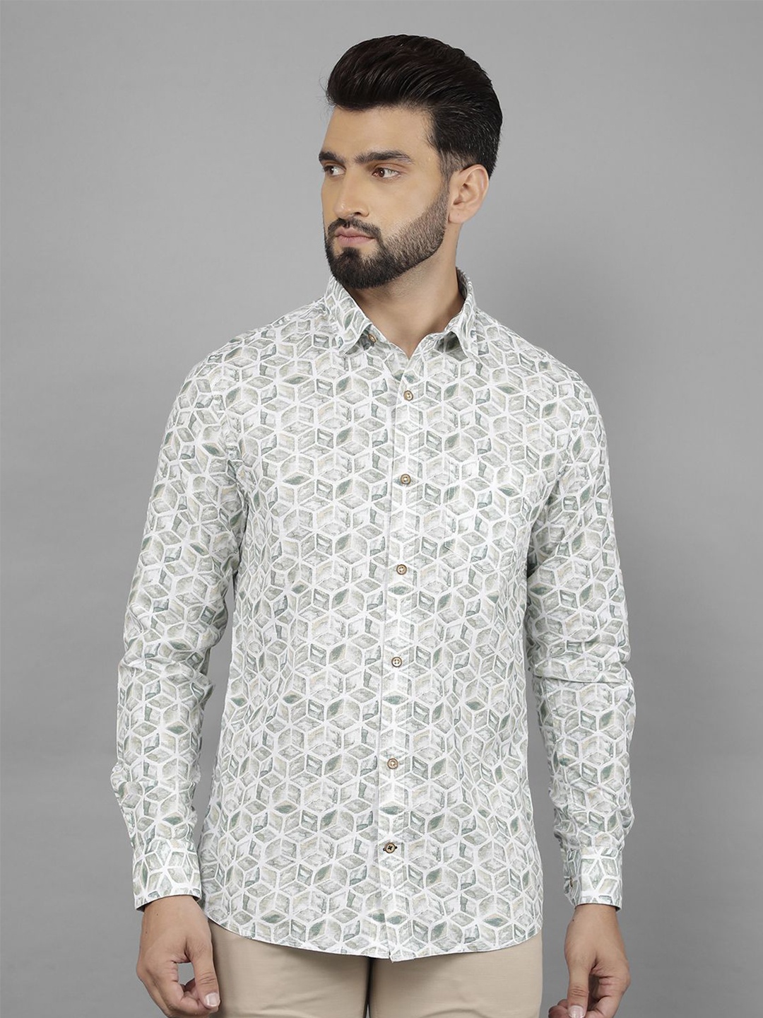 

Canary London Men Smart Spread Collar Geometric Printed Cotton Slim Fit Casual Shirt, Grey