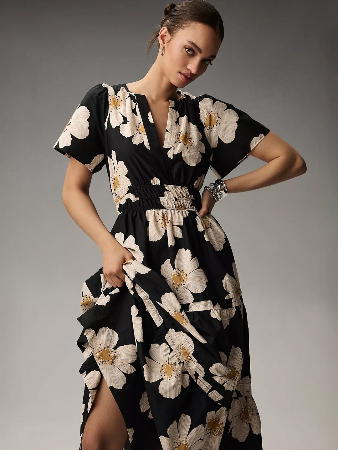 

Roadster Floral Knee Long Fit and Flare Dress, Black
