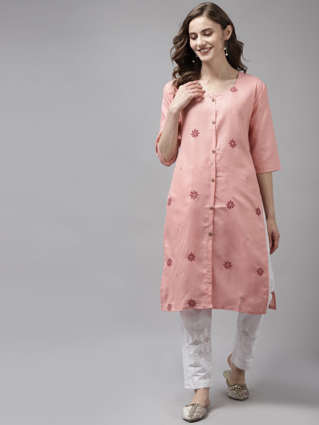 

BAESD Women Embroidered Flared Sleeves Thread Work Kurta, Pink