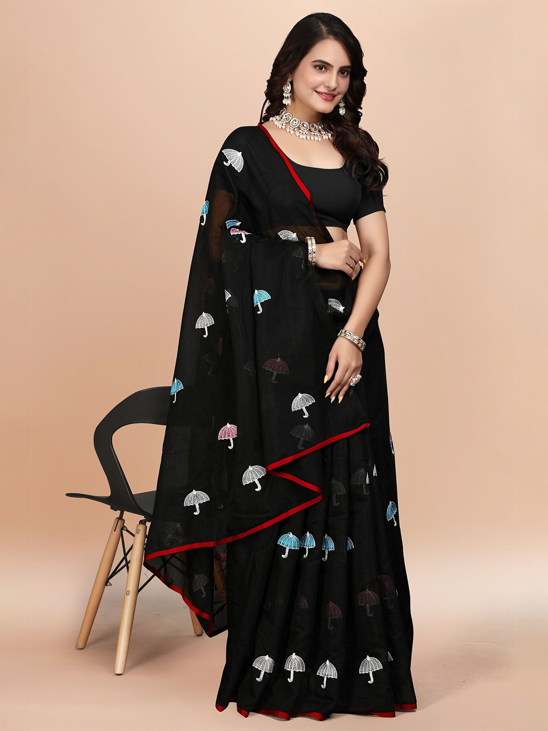 

LADY SHOPI Ethnic Motifs Embroidered Pure Cotton Chanderi Saree, Black