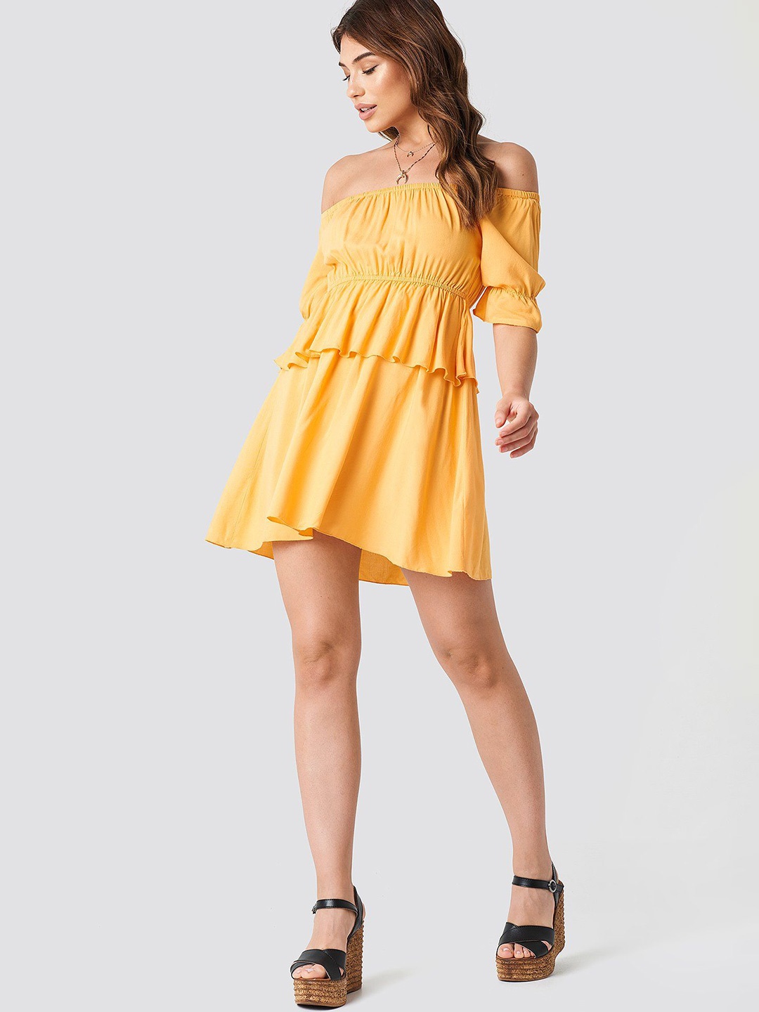 

TIRA Women Puff Sleeve Jacquard A-Line Mini Off-Shoulder Dress, Yellow