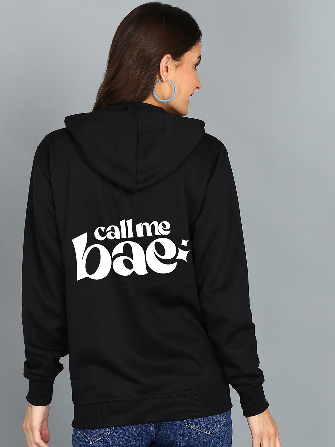 

FALTU.CO Women Printed Zip Detail Hooded Cotton Sweatshirt, Black