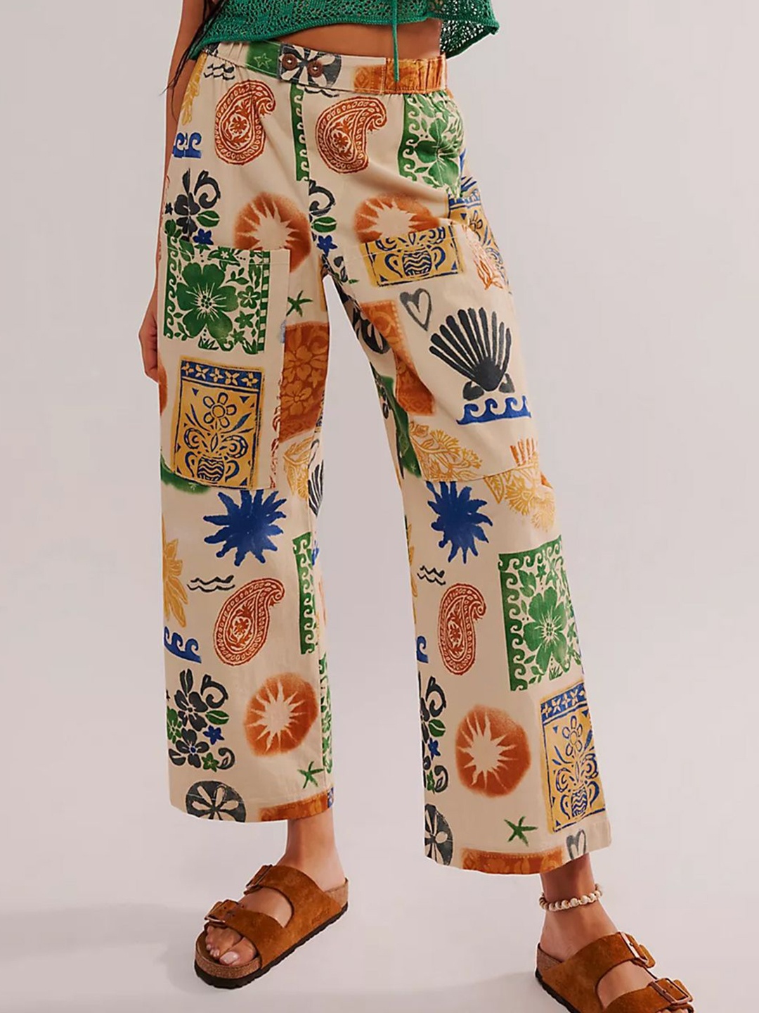 

LULU & SKY Women Floral Printed Straight Fit Trousers, Orange