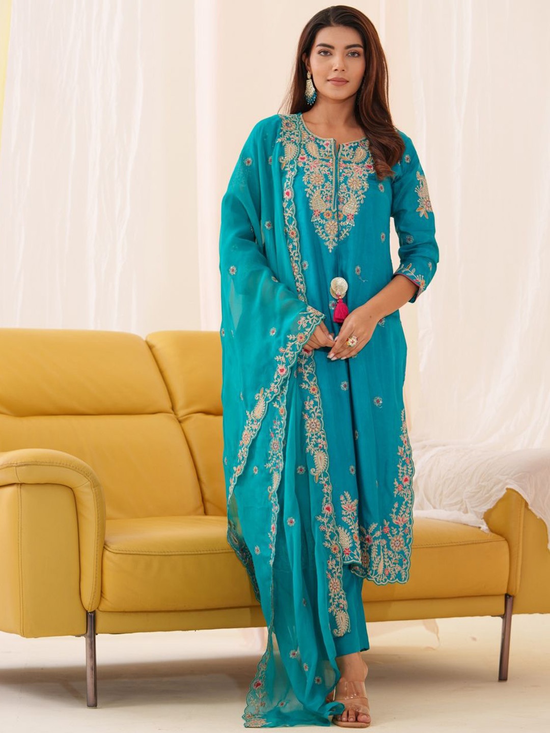 

Sangria Floral Embroidered Thread Work A Line Kurta With Trousers & Dupatta, Blue