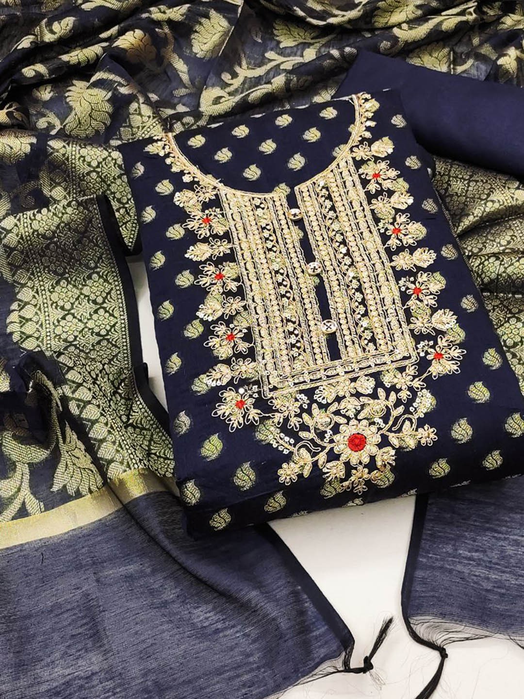 

ASISA Ethnic Motifs Embroidered Beads and Stones Art Silk Unstitched Dress Material, Navy blue