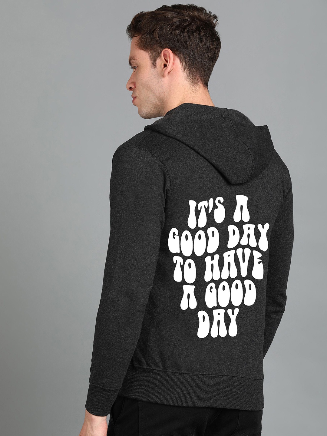 

FALTU.CO Men Printed Zip Detail Hooded Cotton Sweatshirt, Charcoal