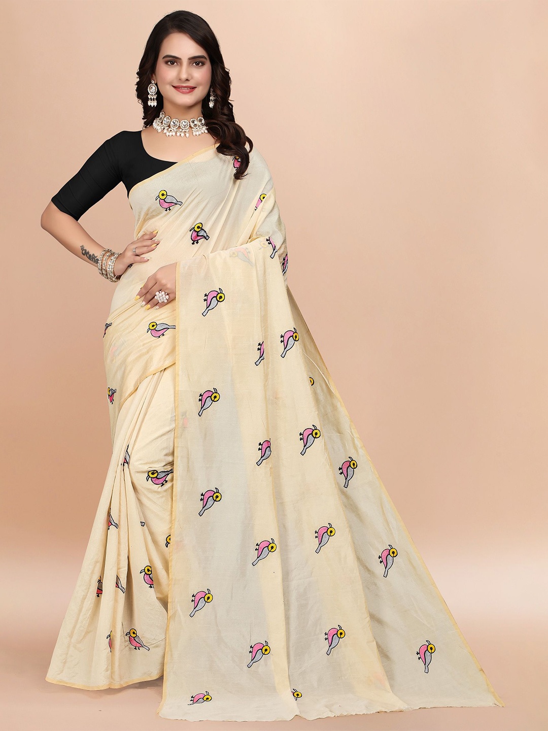

APNISHA Ethnic Motifs Pure Cotton Chanderi Saree, Cream