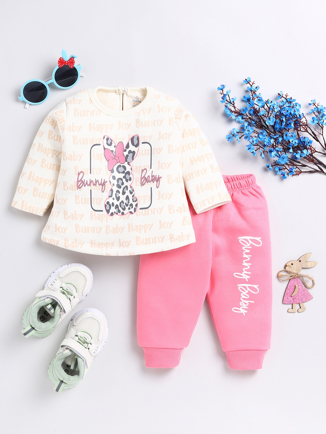 

YK X Tinyo Infant Girls Pure Cotton Printed T-shirt & Joggers, Off white