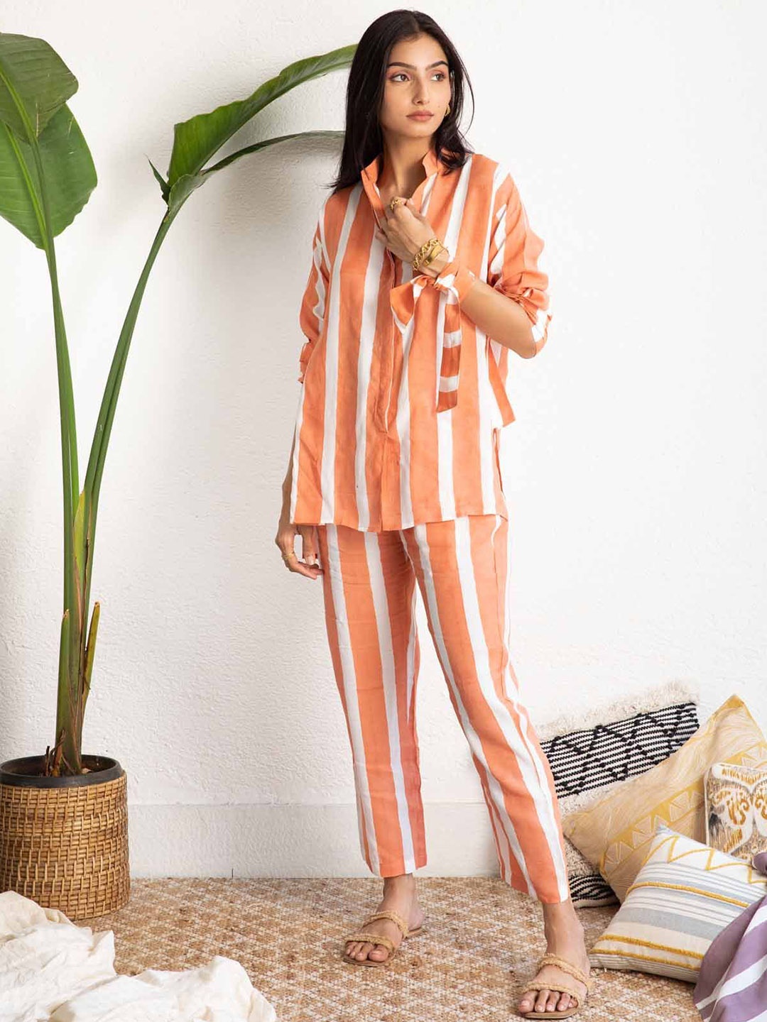 

NIJANAND TEXTILE Women Striped Pure Cotton Shirt with Trousers, Orange