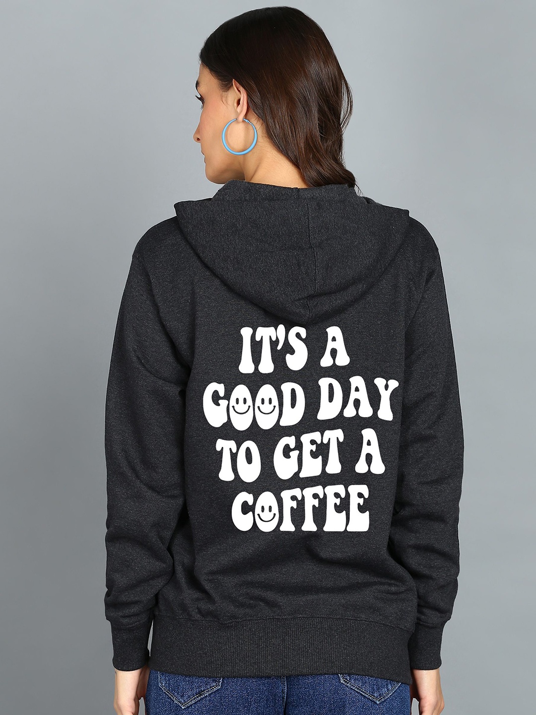 

FALTU.CO Women Typography Printed Hooded Ribbed Cotton Sweatshirt, Charcoal