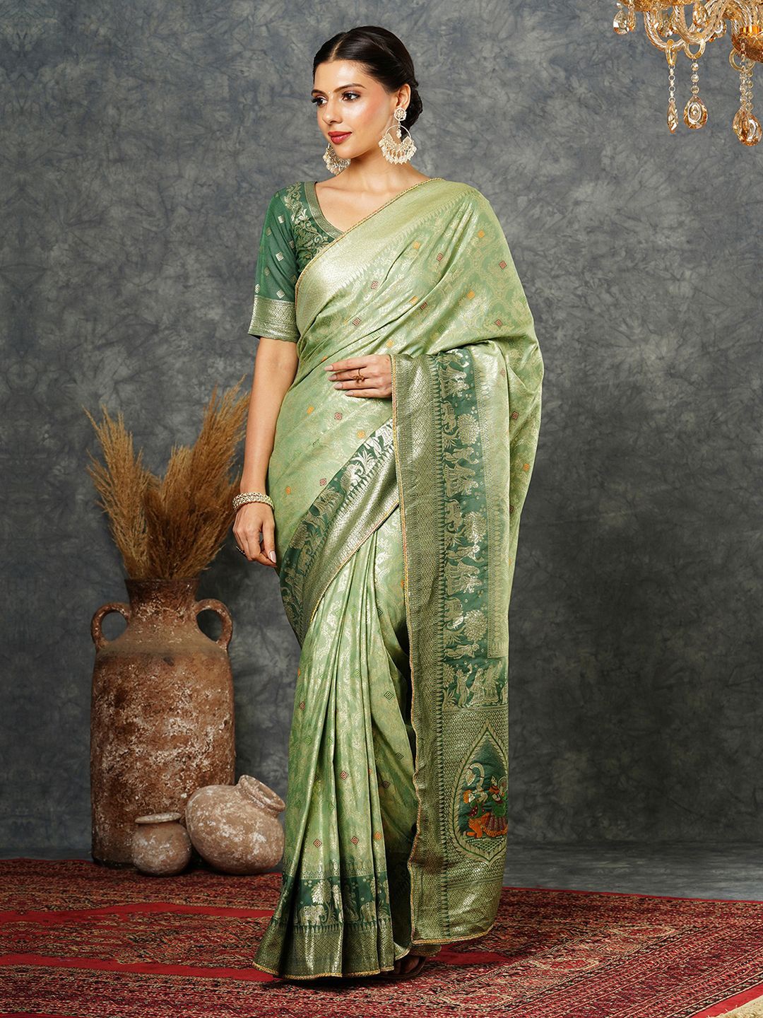 

Satrani Woven Design Zari Banarasi Saree, Green