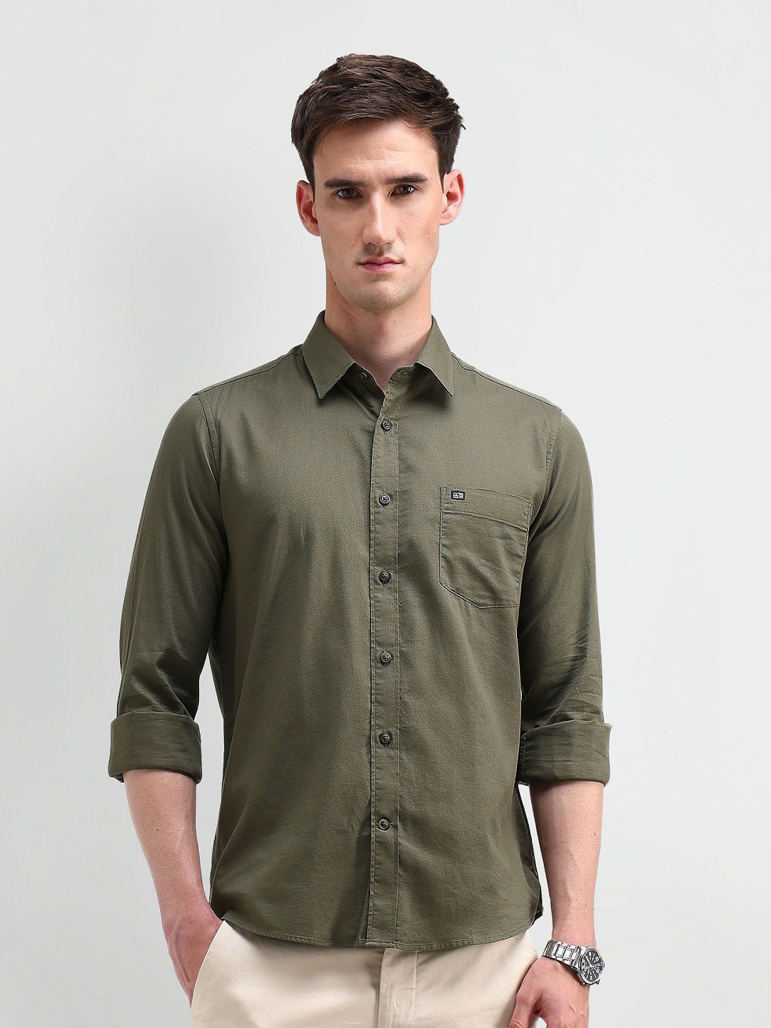 

Arrow Sport Men Classic Spread Collar Solid Cotton Casual Shirt, Olive