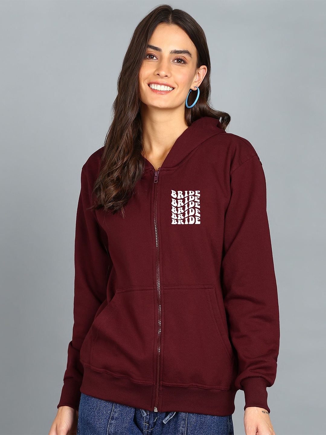 

FALTU.CO Women Printed Zip Detail Hooded Cotton Sweatshirt, Maroon