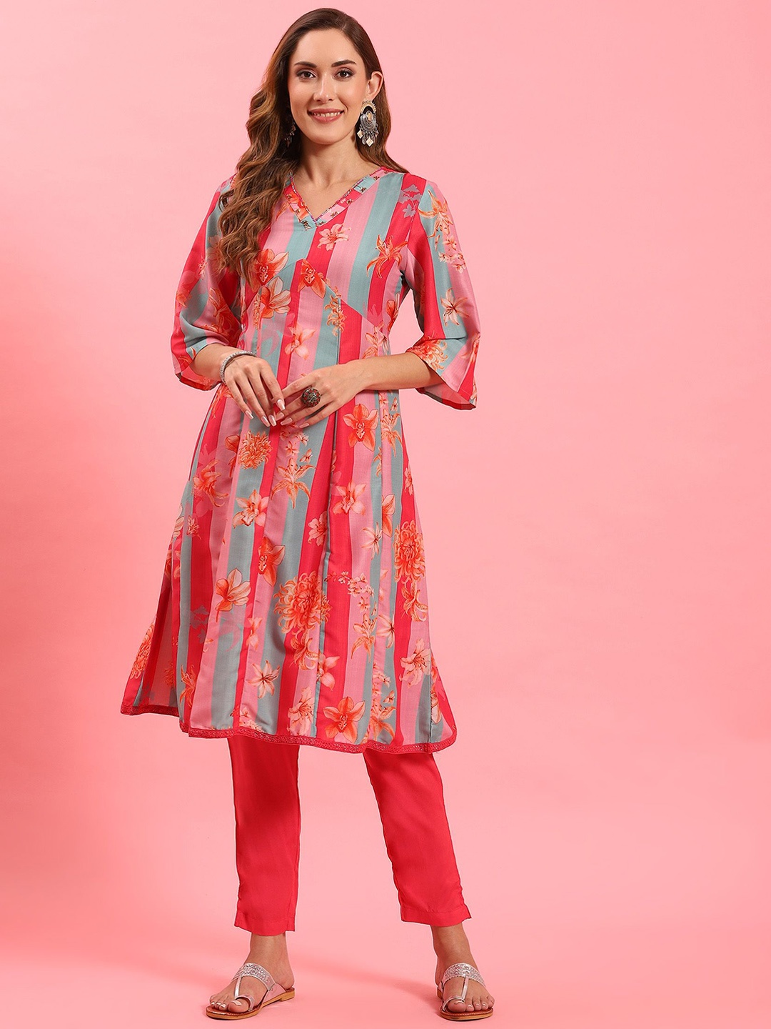 

Shree Women Floral Printed V-Neck Empire Sequinned A-Line Kurta with Trouser, Pink