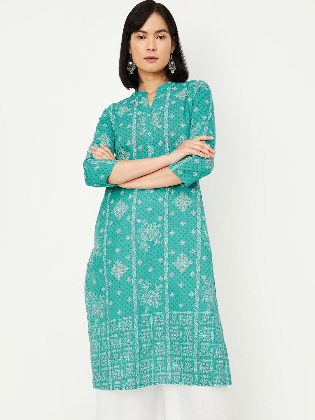 

max Floral Printed Mandarin Collar Straight Kurta, Blue