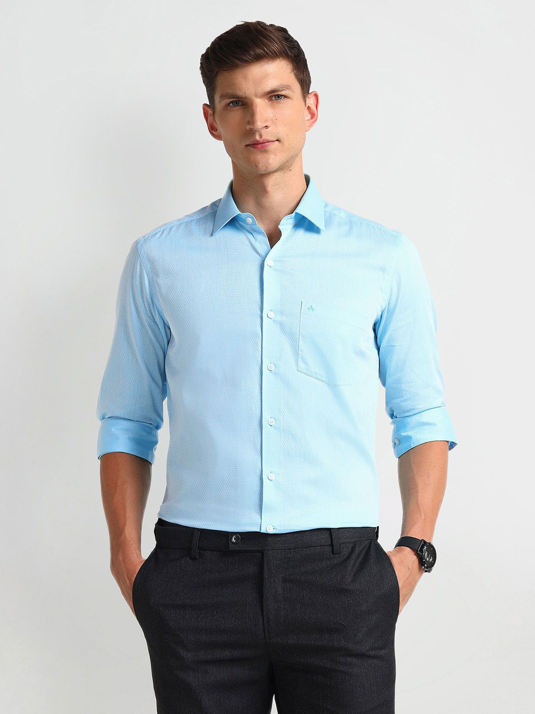 

Arrow Men Modern Spread Collar Checked Cotton Slim Fit Formal Shirt, Blue