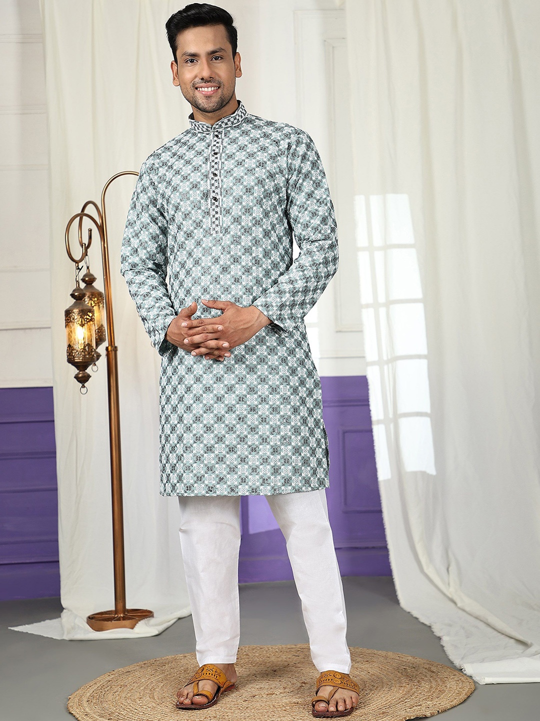 

Pro-Ethic STYLE DEVELOPER Geometric Printed Thread Work Pure Cotton Kurta with Pyjama, Turquoise blue