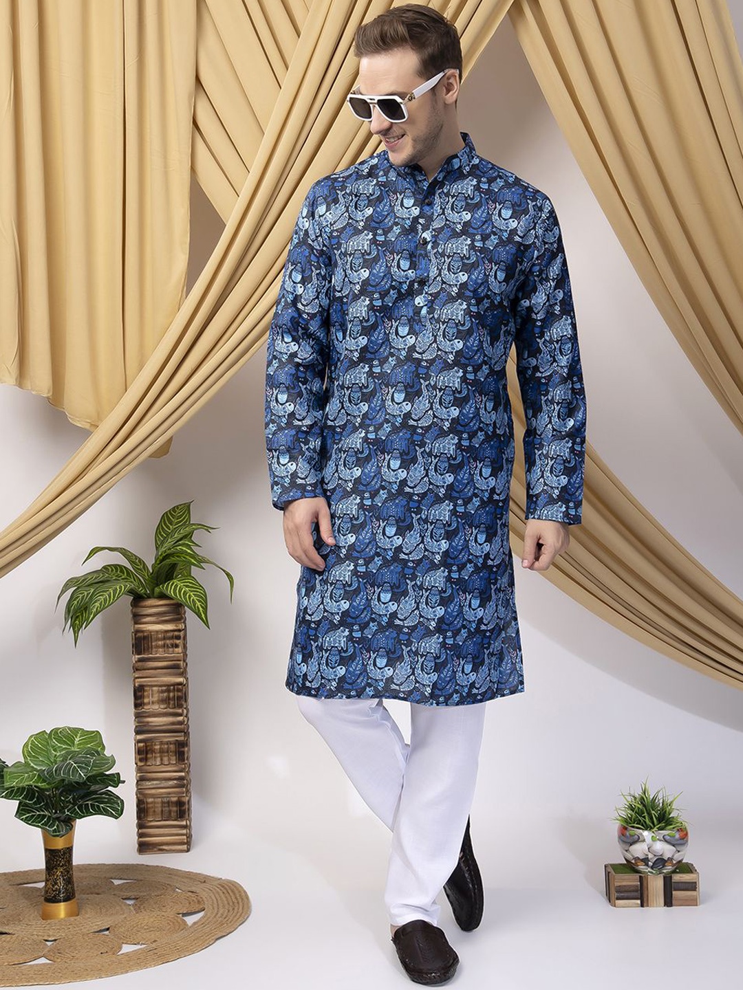 

Hangup Ethnic Motifs Printed Cotton Straight Kurta with Pyjamas, Blue