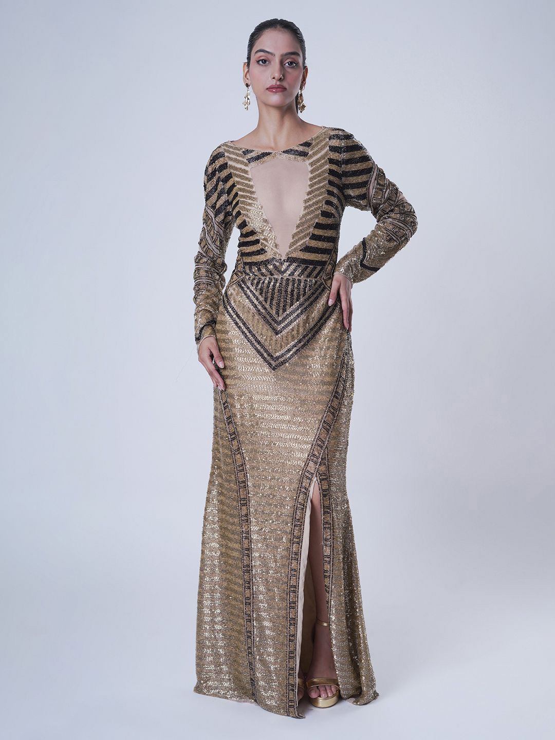 

UPGRADE Womens Embellished Bling & Sparkly Net Maxi Gown Dress, Gold